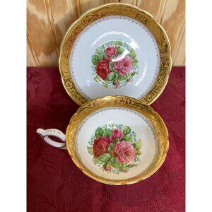 Vtg EB Foley 1850 Bone China Teacup & Saucer Cabbage Roses Elegant Gold Trim